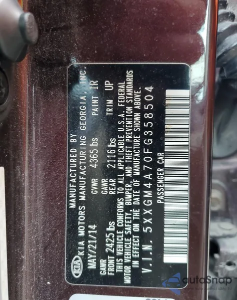 2015 Kia Optima Lx из США, поврежденный, VIN 5XXGM4A70FG358504